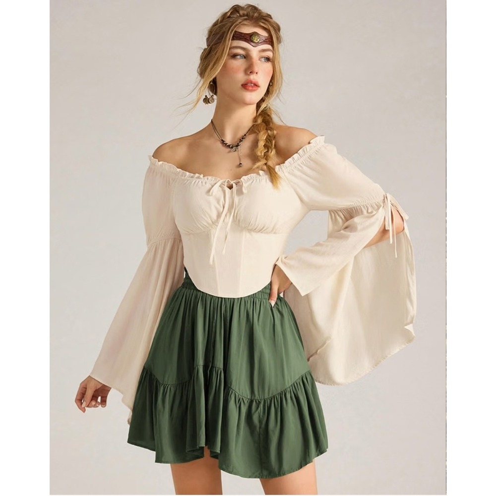 Scarlet Darkness Cream Renaissance Corset Top Bell Sleeve Cosplay Halloween S